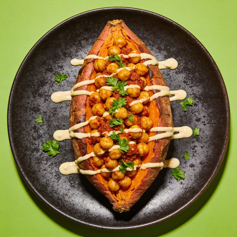 Harissa Chickpea Stuffed Sweet Potato